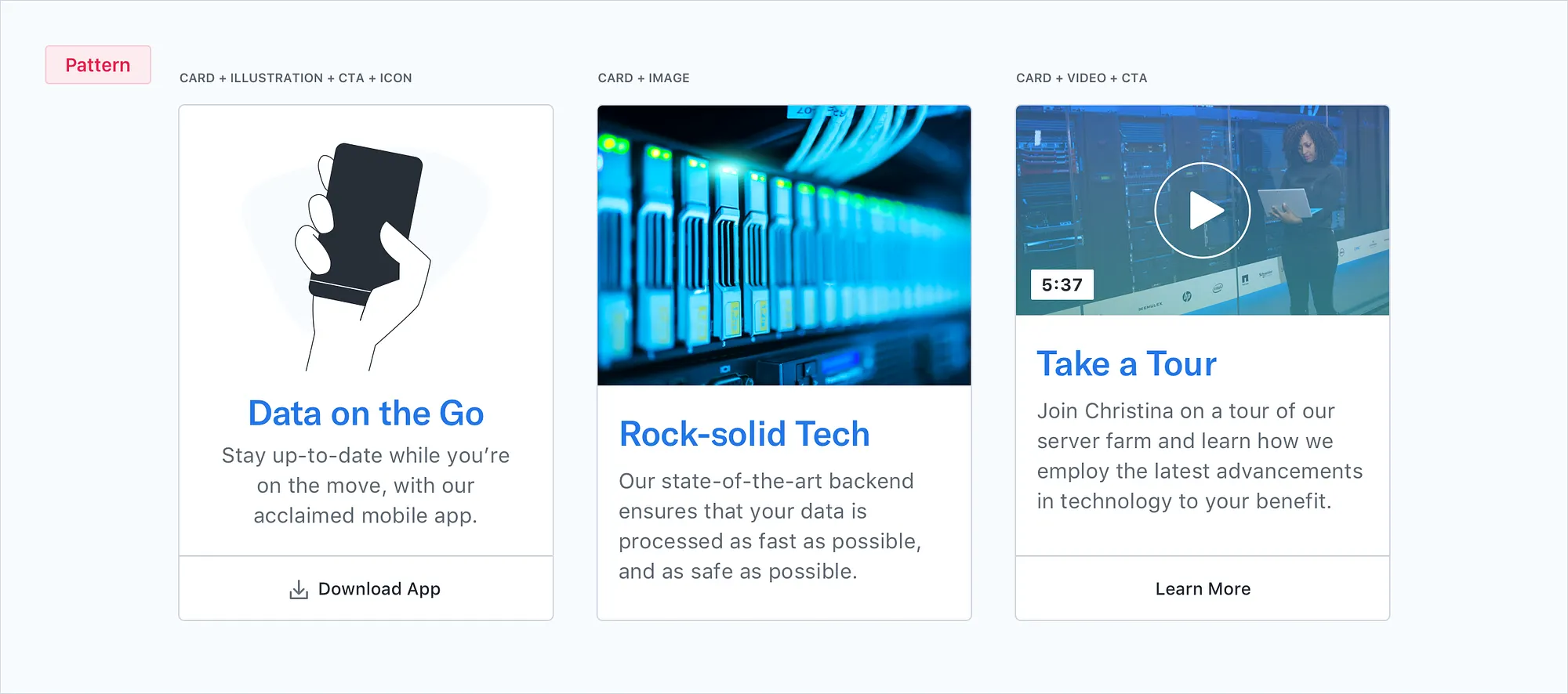 Card Pattern example showing various card layouts