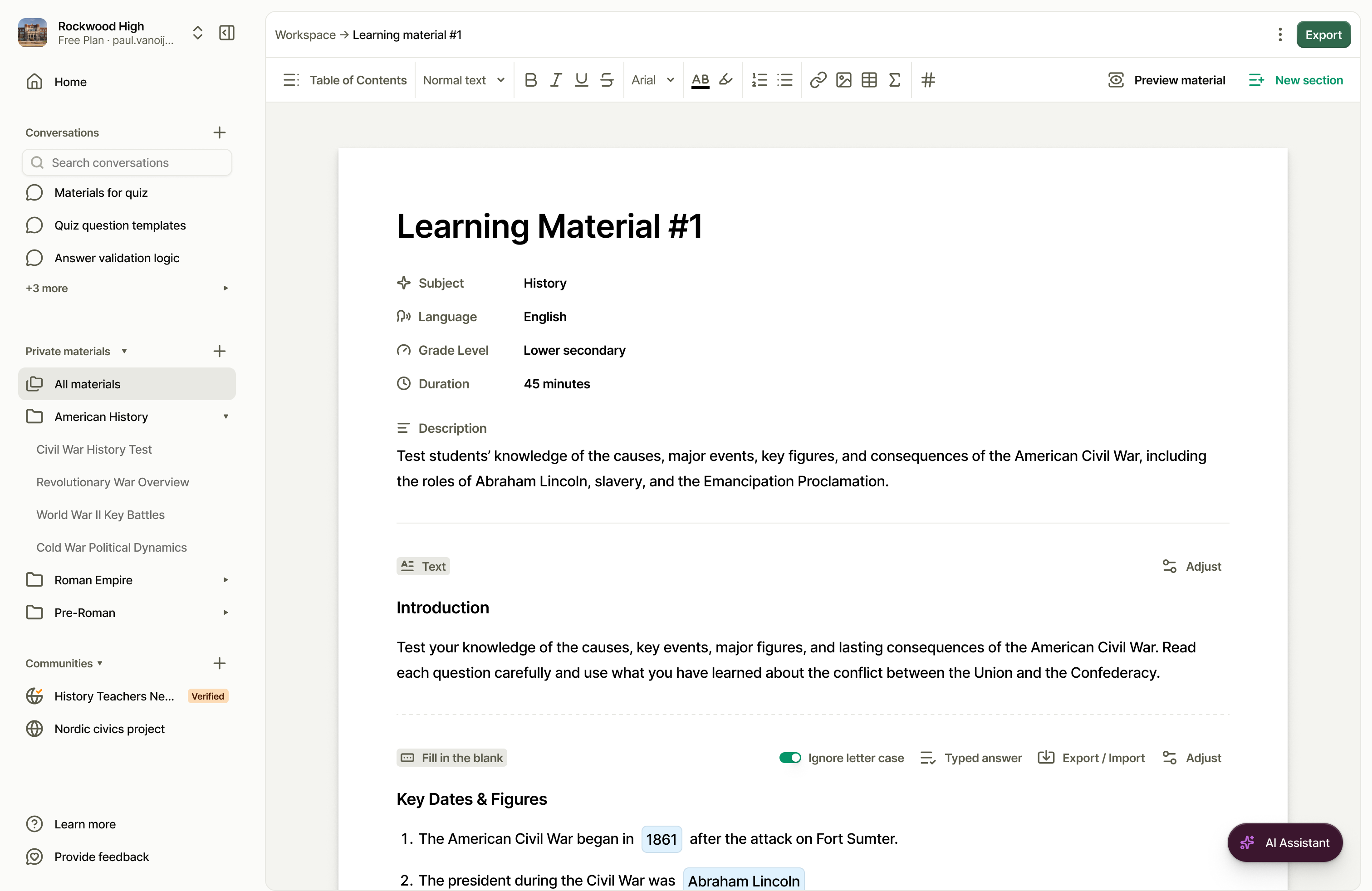 Bruukki editor showing a learning material with subject, language, grade level and duration, followed by a text section and a fill-in-the-blank section
