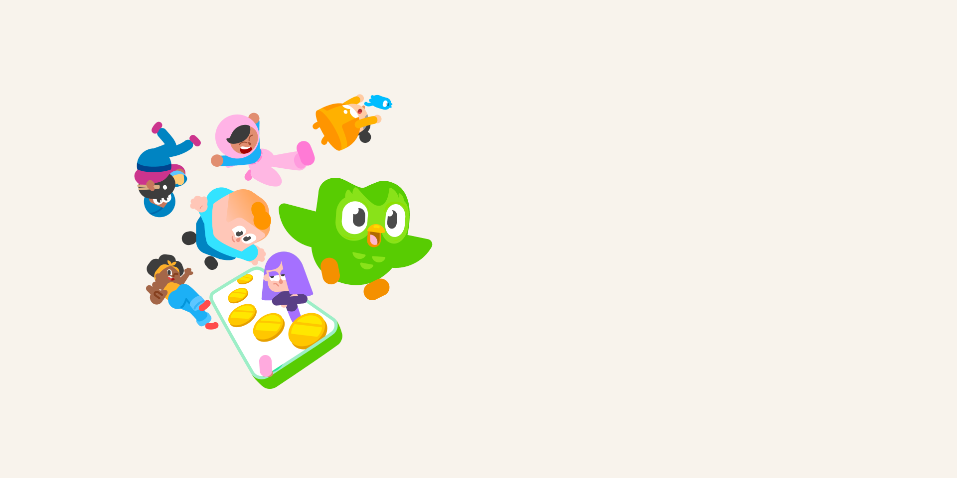 An illustration of Duolingo's language learning app, featuring its iconic mascot and 5 other people.